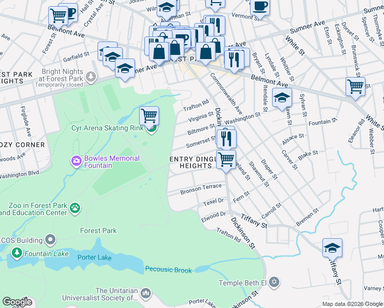 map of restaurants, bars, coffee shops, grocery stores, and more near 52 Somerset Street in Springfield