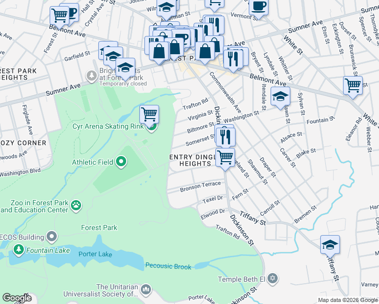 map of restaurants, bars, coffee shops, grocery stores, and more near 52 Somerset Street in Springfield