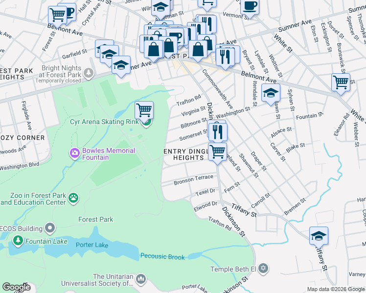 map of restaurants, bars, coffee shops, grocery stores, and more near 52 Somerset Street in Springfield