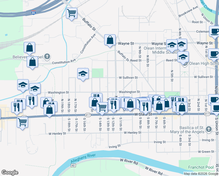map of restaurants, bars, coffee shops, grocery stores, and more near 8 Olds Court in Olean
