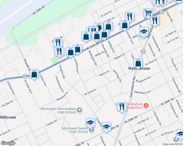 map of restaurants, bars, coffee shops, grocery stores, and more near 2836 Wellington Rd in Erie