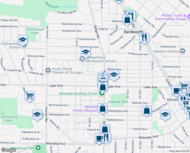 map of restaurants, bars, coffee shops, grocery stores, and more near 1041 Ridge Road in Wilmette