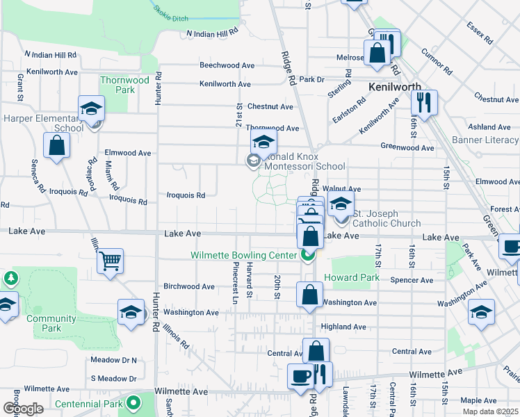 map of restaurants, bars, coffee shops, grocery stores, and more near 1102 Ridge Road in Wilmette