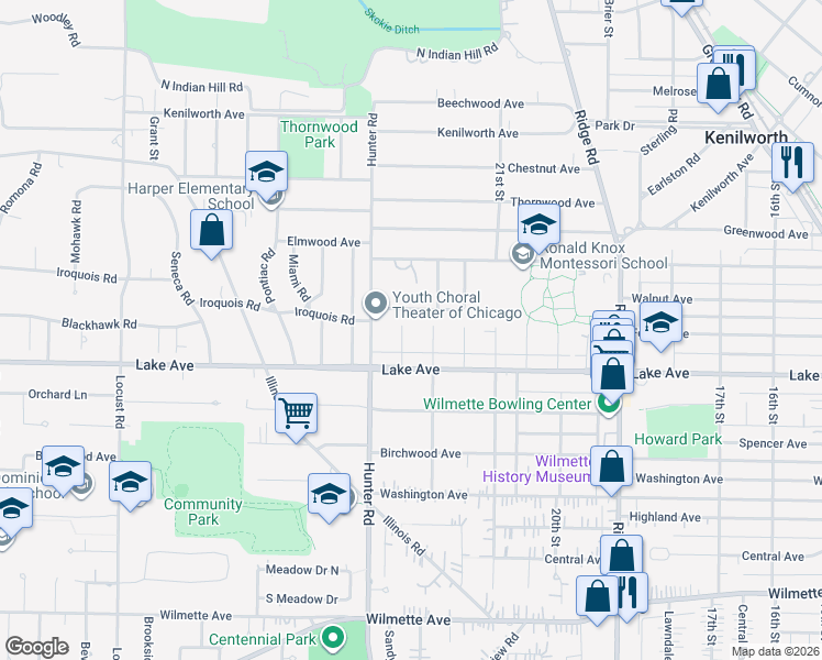 map of restaurants, bars, coffee shops, grocery stores, and more near 2210 Iroquois Road in Wilmette