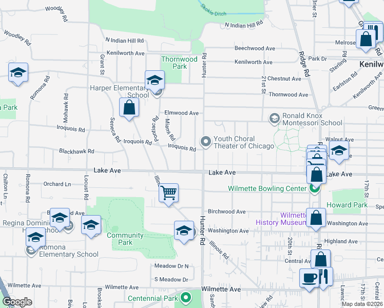 map of restaurants, bars, coffee shops, grocery stores, and more near 2326 Iroquois Road in Wilmette