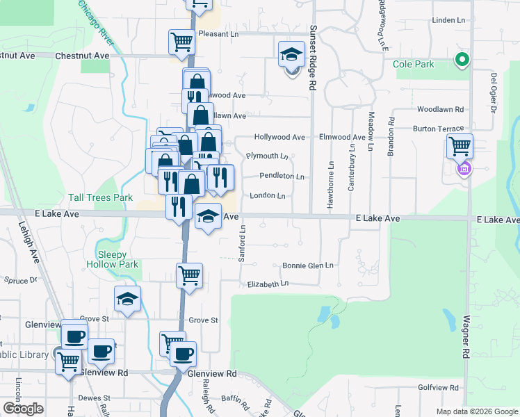 map of restaurants, bars, coffee shops, grocery stores, and more near 1400 London Lane in Glenview