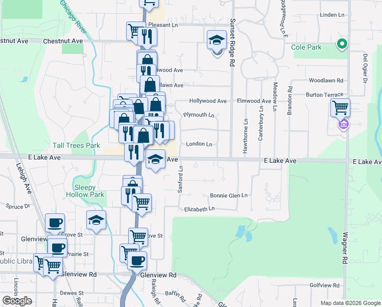 map of restaurants, bars, coffee shops, grocery stores, and more near 1400 London Lane in Glenview