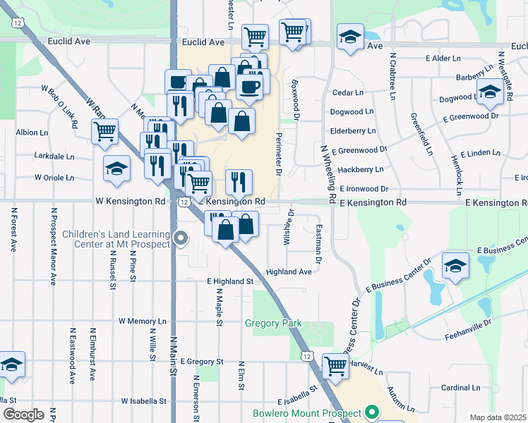 map of restaurants, bars, coffee shops, grocery stores, and more near 304 East Kensington Road in Mount Prospect