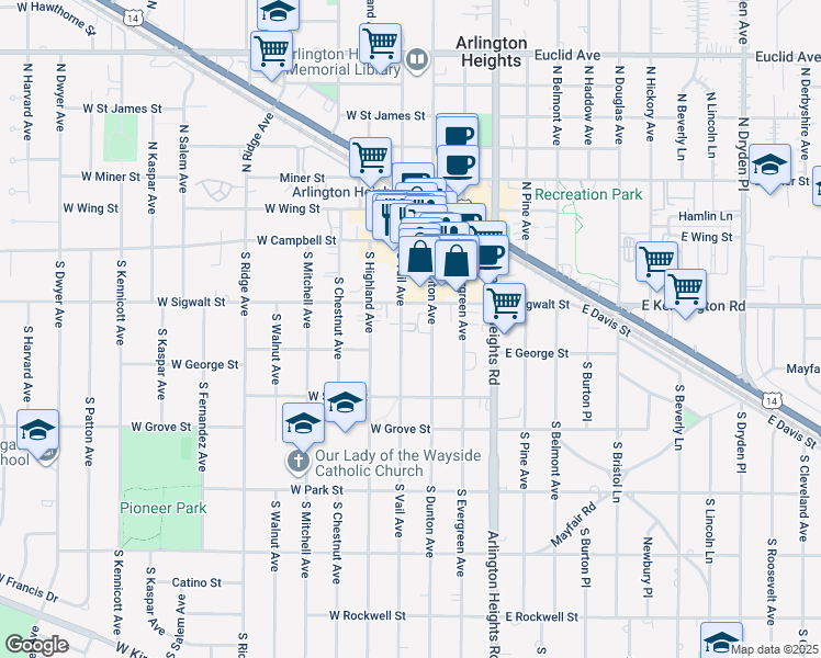 map of restaurants, bars, coffee shops, grocery stores, and more near 105 South Vail Avenue in Arlington Heights