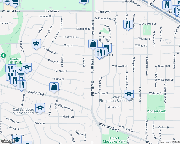 map of restaurants, bars, coffee shops, grocery stores, and more near 2705 Wilke Road in Rolling Meadows