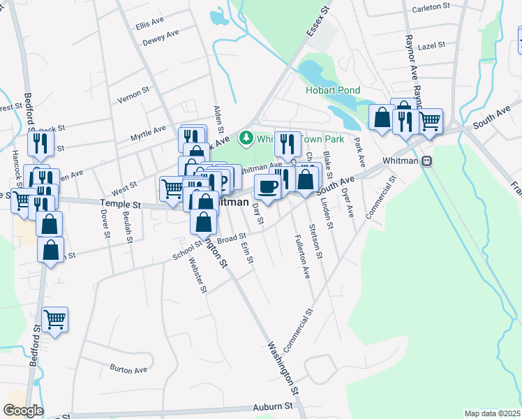map of restaurants, bars, coffee shops, grocery stores, and more near 34 Day Street in Whitman