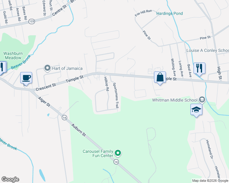 map of restaurants, bars, coffee shops, grocery stores, and more near 71 Sportsmans Trail in Whitman