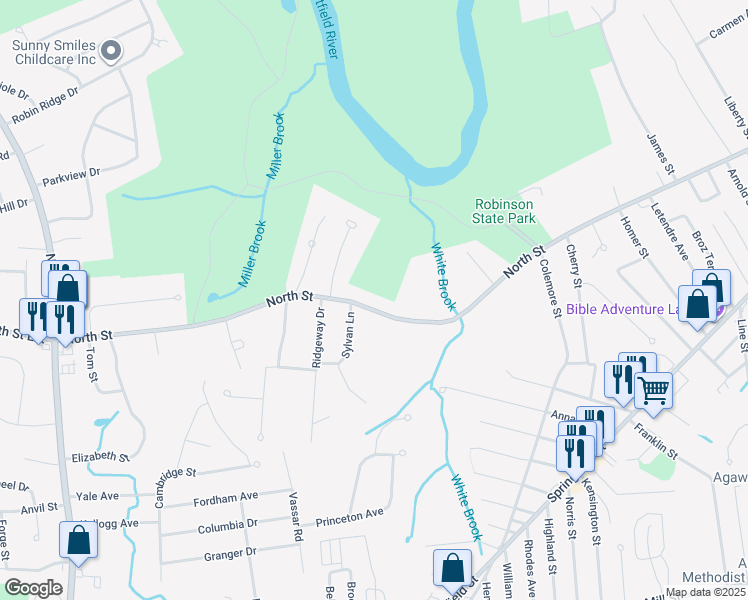 map of restaurants, bars, coffee shops, grocery stores, and more near 654 North Street in Agawam