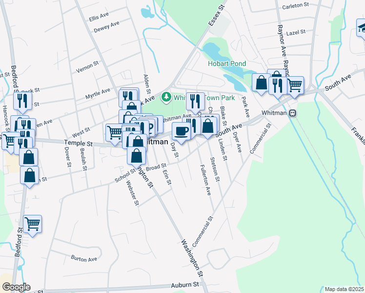 map of restaurants, bars, coffee shops, grocery stores, and more near 91 South Avenue in Whitman