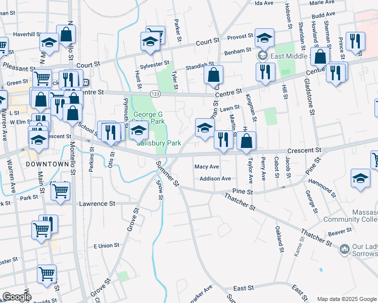 map of restaurants, bars, coffee shops, grocery stores, and more near 104102 Erie Avenue in Brockton