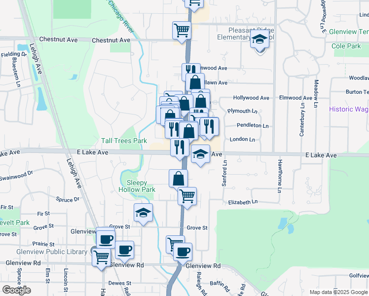 map of restaurants, bars, coffee shops, grocery stores, and more near Illinois 43 in Glenview