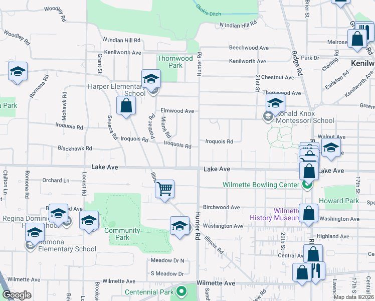 map of restaurants, bars, coffee shops, grocery stores, and more near 2326 Iroquois Road in Wilmette