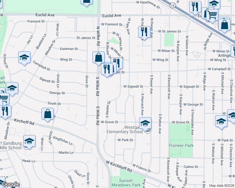 map of restaurants, bars, coffee shops, grocery stores, and more near 1503 West Sigwalt Street in Arlington Heights