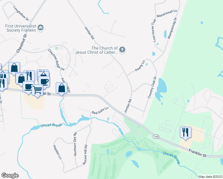 map of restaurants, bars, coffee shops, grocery stores, and more near 6 Gatehouse Lane in Franklin