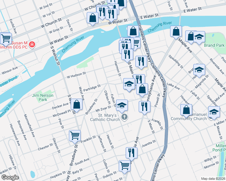 map of restaurants, bars, coffee shops, grocery stores, and more near 262 Partridge Street in Elmira
