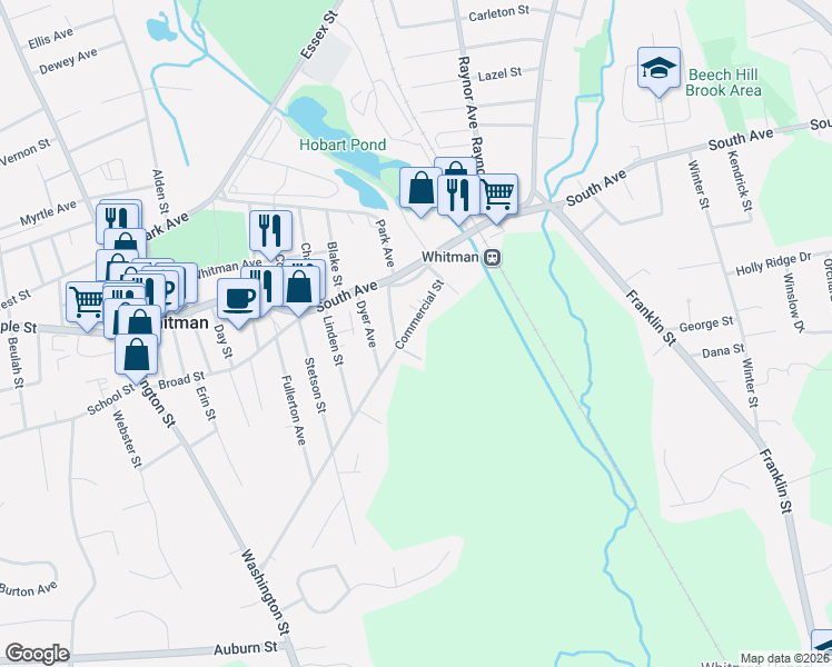 map of restaurants, bars, coffee shops, grocery stores, and more near 289 Commercial Street in Whitman