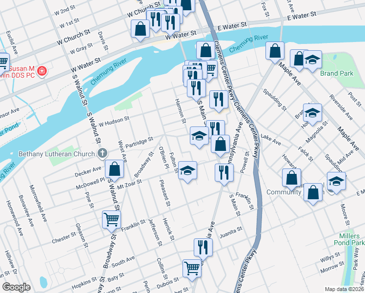 map of restaurants, bars, coffee shops, grocery stores, and more near 215 Partridge Street in Elmira