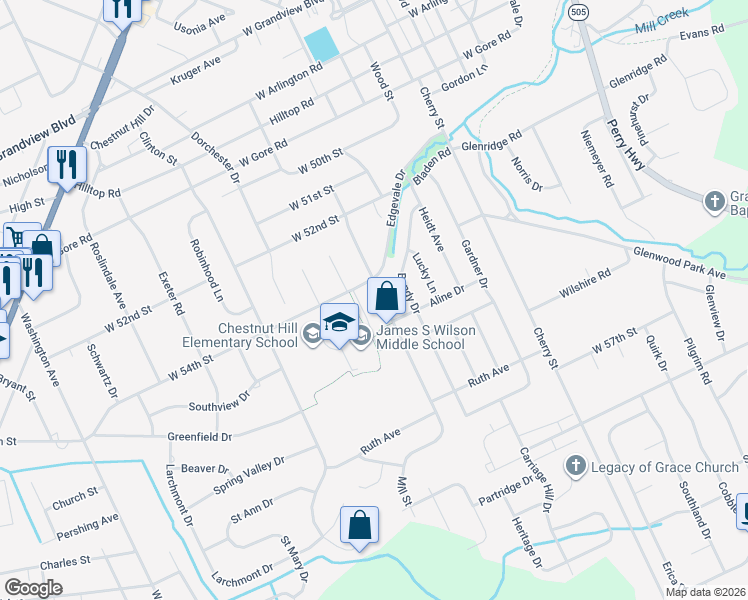 map of restaurants, bars, coffee shops, grocery stores, and more near 5318 Mill St in Erie