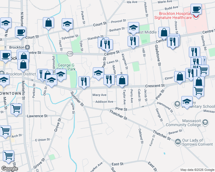 map of restaurants, bars, coffee shops, grocery stores, and more near 18 Moulton Street in Brockton