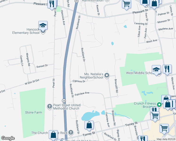map of restaurants, bars, coffee shops, grocery stores, and more near 154 Rockland Drive in Brockton