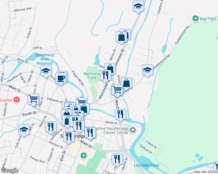 map of restaurants, bars, coffee shops, grocery stores, and more near Worcester St Worcester Street in Southbridge
