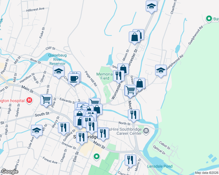 map of restaurants, bars, coffee shops, grocery stores, and more near 1-45 Henry Street in Southbridge