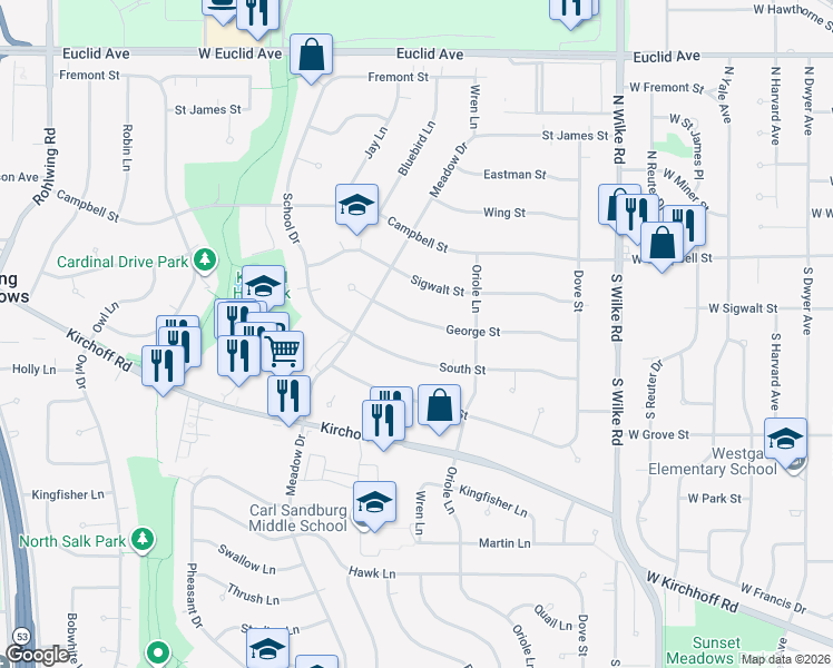 map of restaurants, bars, coffee shops, grocery stores, and more near 2504 George Street in Rolling Meadows