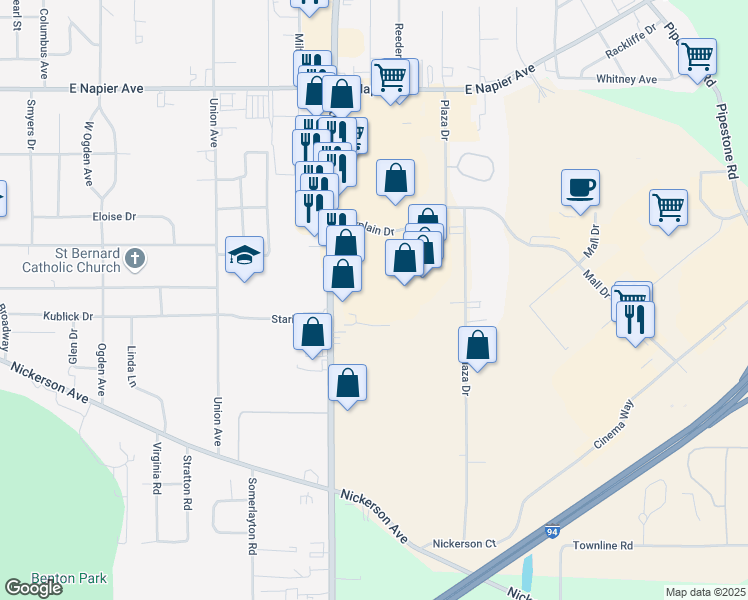 map of restaurants, bars, coffee shops, grocery stores, and more near 960 Fairplain Drive in Benton Harbor