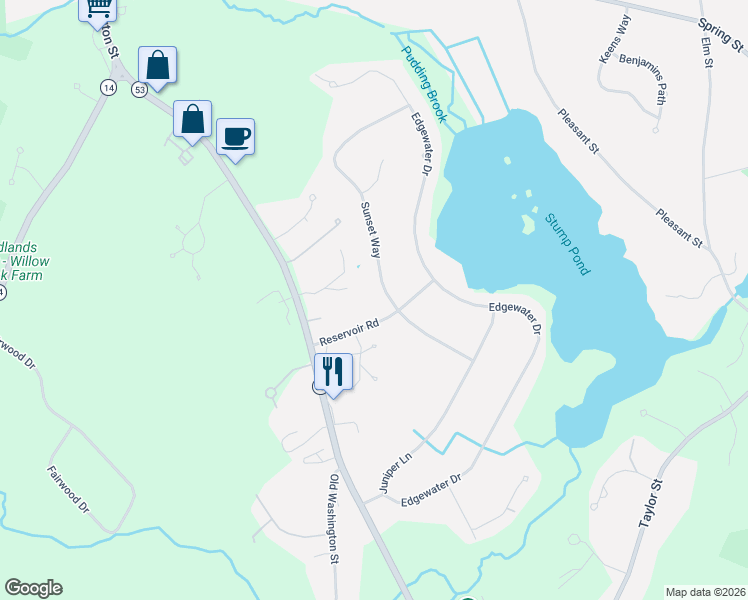 map of restaurants, bars, coffee shops, grocery stores, and more near 62 Sunset Way in Pembroke