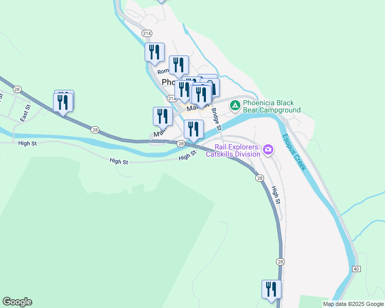 map of restaurants, bars, coffee shops, grocery stores, and more near High Street in Phoenicia