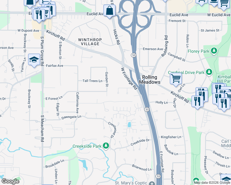 map of restaurants, bars, coffee shops, grocery stores, and more near 4114 Jody Court in Rolling Meadows