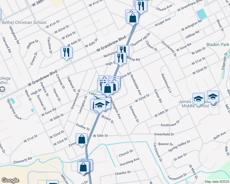 map of restaurants, bars, coffee shops, grocery stores, and more near 5031 Peach Street in Erie