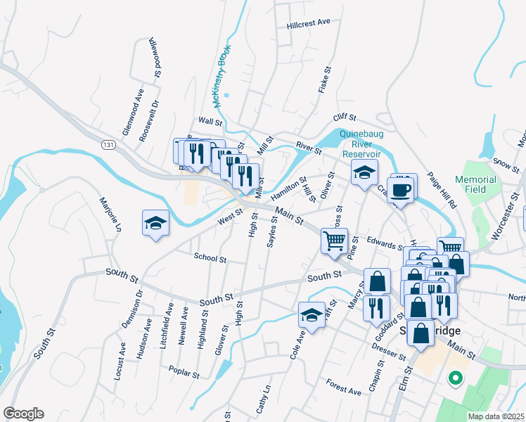 map of restaurants, bars, coffee shops, grocery stores, and more near 757 Main Street in Southbridge