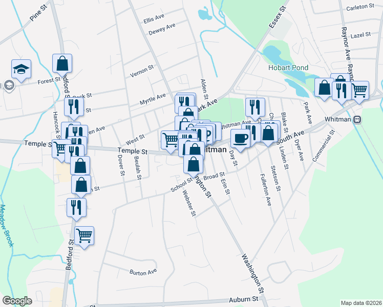 map of restaurants, bars, coffee shops, grocery stores, and more near Washington St & South Ave in Whitman