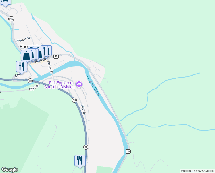 map of restaurants, bars, coffee shops, grocery stores, and more near 171 Main Street in Phoenicia
