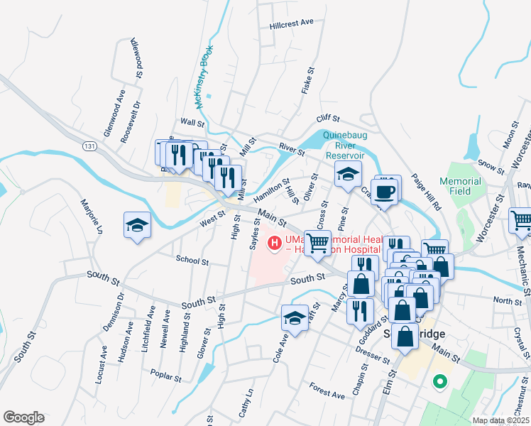map of restaurants, bars, coffee shops, grocery stores, and more near 718 Main Street in Southbridge