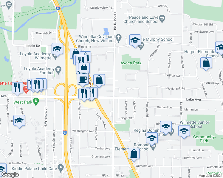 map of restaurants, bars, coffee shops, grocery stores, and more near 921 Hibbard Road in Wilmette
