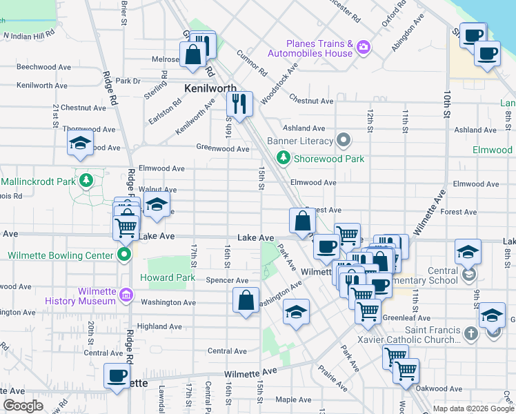 map of restaurants, bars, coffee shops, grocery stores, and more near 920 15th Street in Wilmette