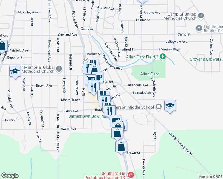 map of restaurants, bars, coffee shops, grocery stores, and more near 32 Burtch Street in Jamestown