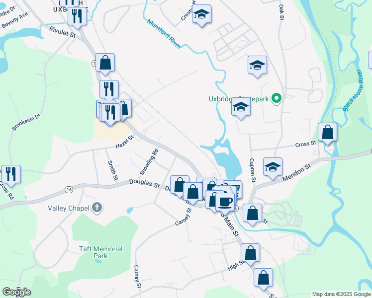 map of restaurants, bars, coffee shops, grocery stores, and more near 77 North Main Street in Uxbridge