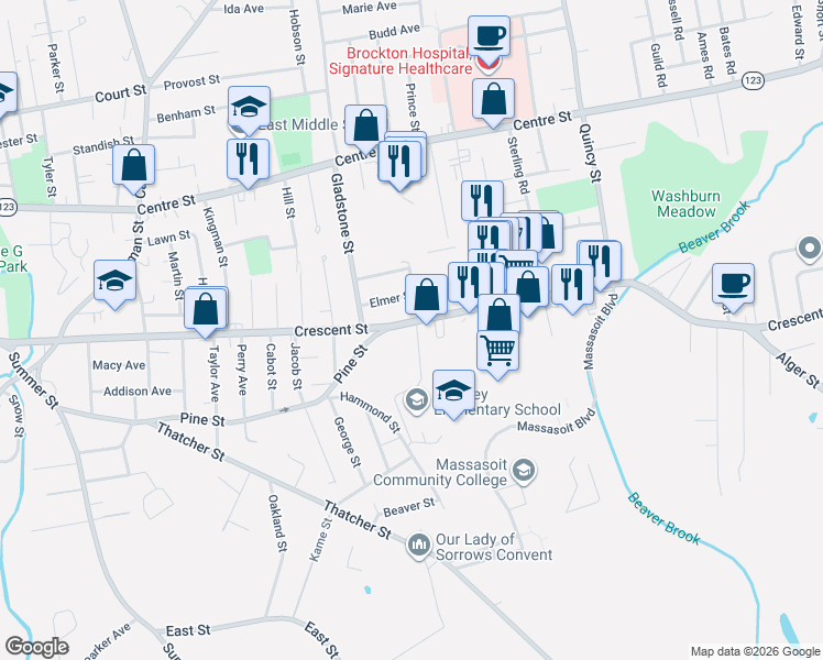 map of restaurants, bars, coffee shops, grocery stores, and more near 27 Elmer Street in Brockton