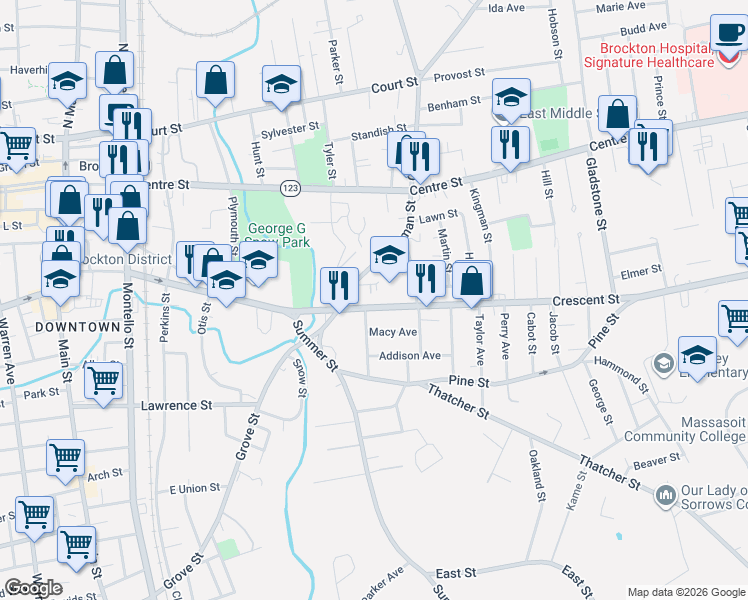 map of restaurants, bars, coffee shops, grocery stores, and more near 104102 Erie Avenue in Brockton