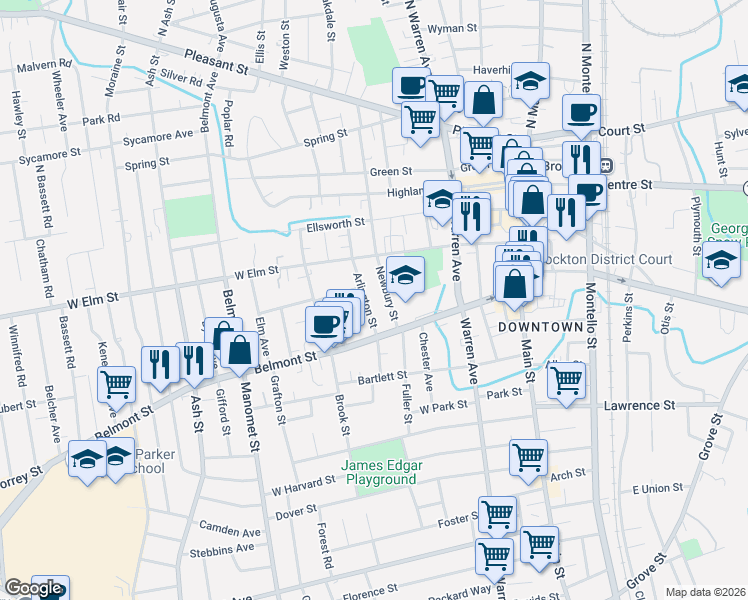 map of restaurants, bars, coffee shops, grocery stores, and more near 167 Newbury Street in Brockton