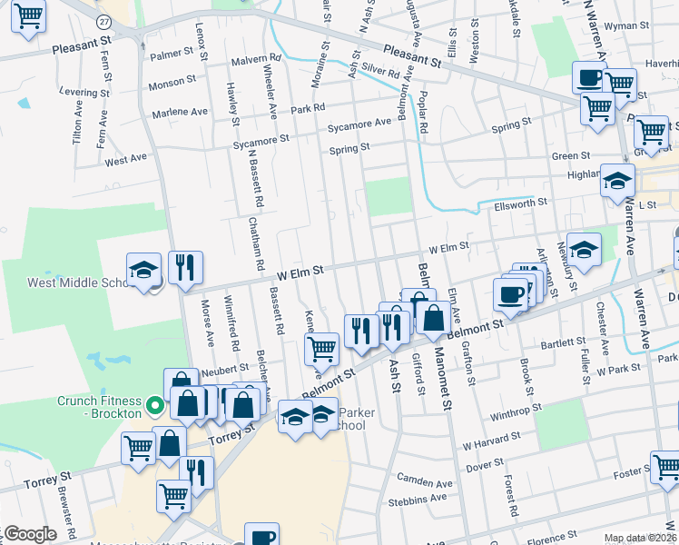 map of restaurants, bars, coffee shops, grocery stores, and more near 409 West Elm Street in Brockton