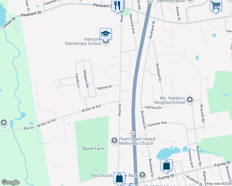 map of restaurants, bars, coffee shops, grocery stores, and more near 18 Sunset Drive in Brockton
